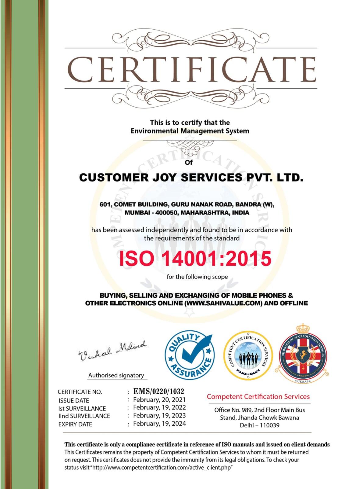 ISO 14001 Environmental Management Certificate