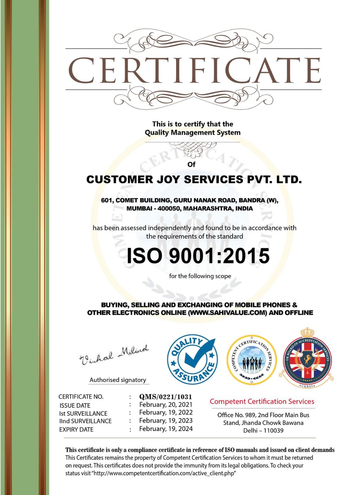 ISO 9001 Quality Management Certificate